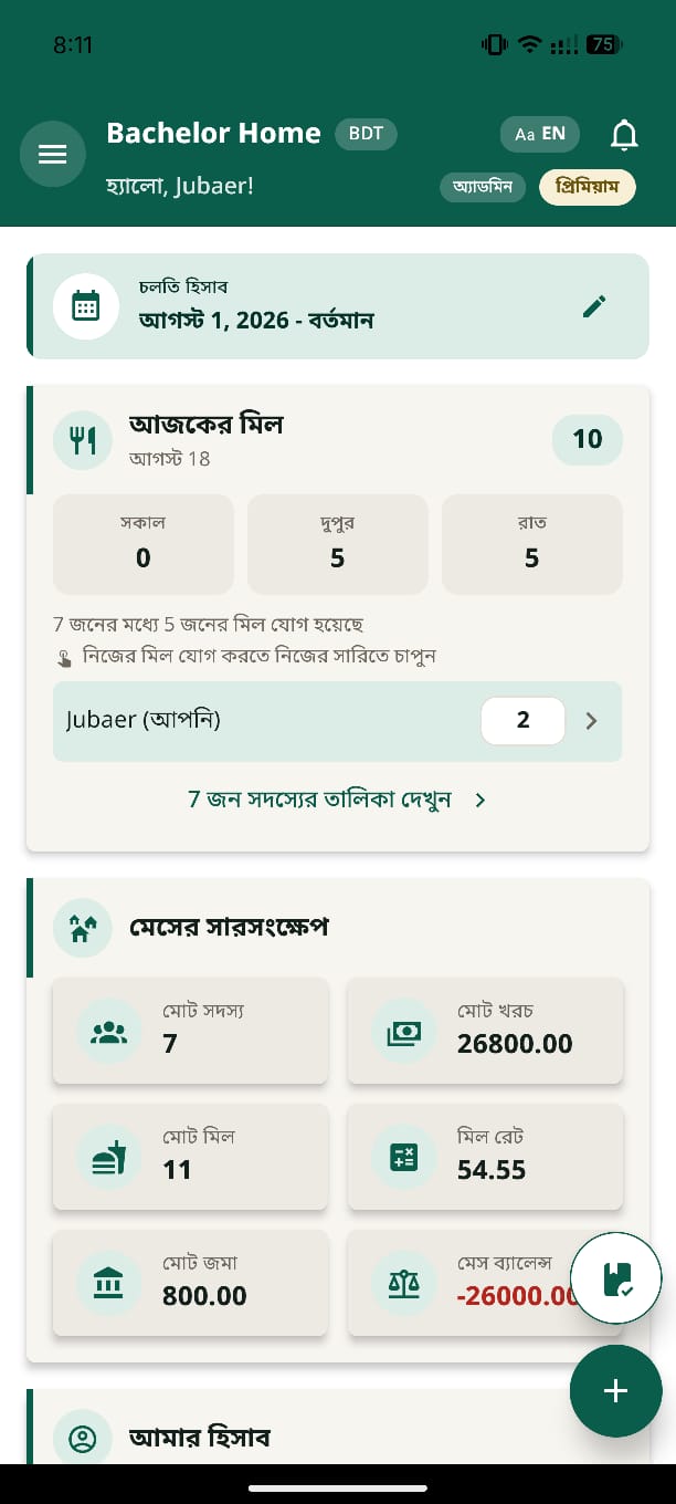 মেস লেজারের হোম স্ক্রিন — আজকের মিল ও মেসের সারসংক্ষেপ